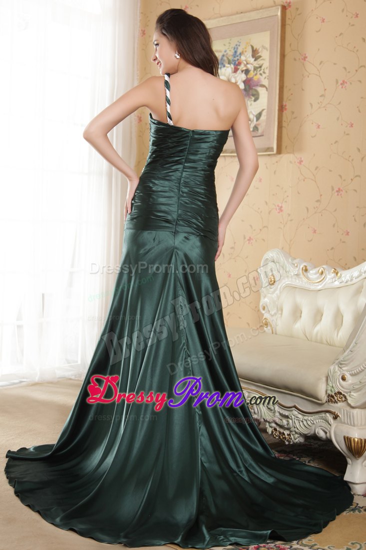 One Shoulder Dark Green Elastic Woven Satin Ruched Prom Dress