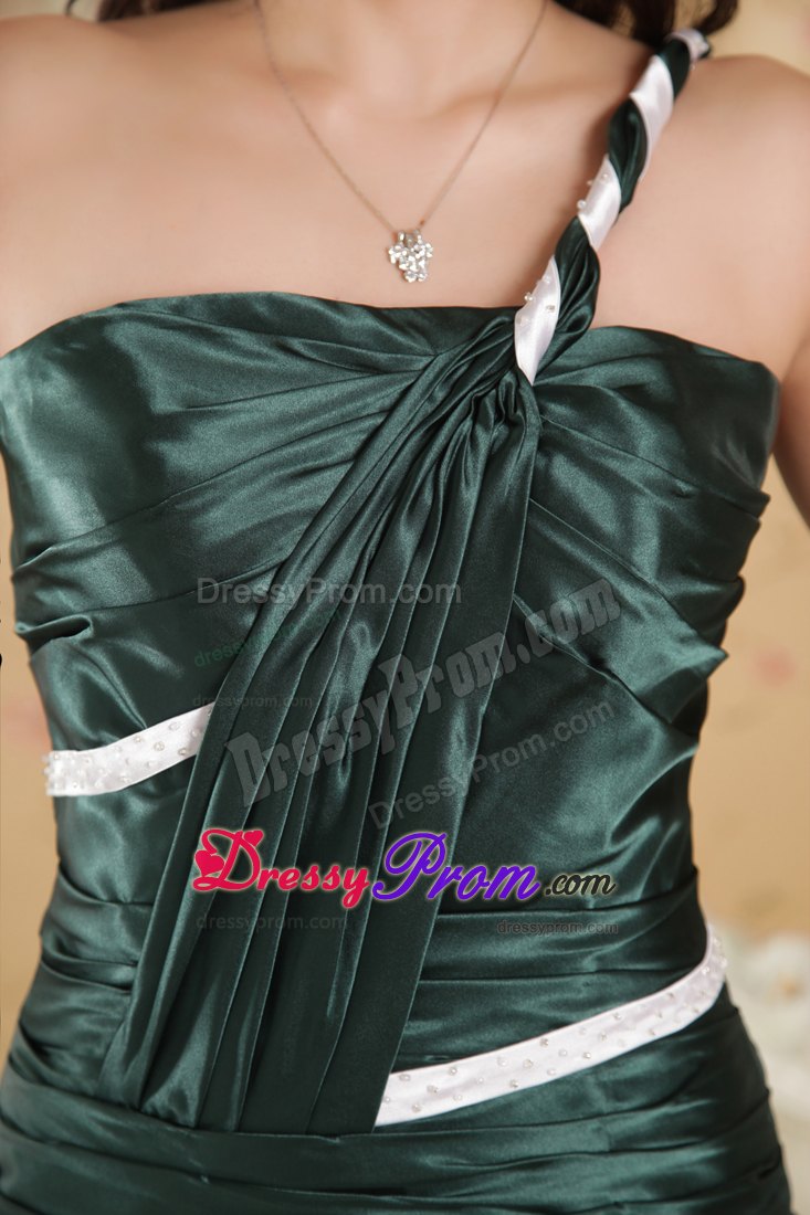 One Shoulder Dark Green Elastic Woven Satin Ruched Prom Dress