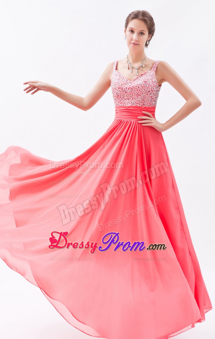 Straps Beading Coral Red Chiffon Floor-length Prom Celebrity Dresses