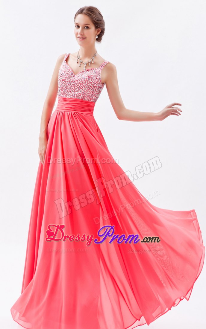 Straps Beading Coral Red Chiffon Floor-length Prom Celebrity Dresses