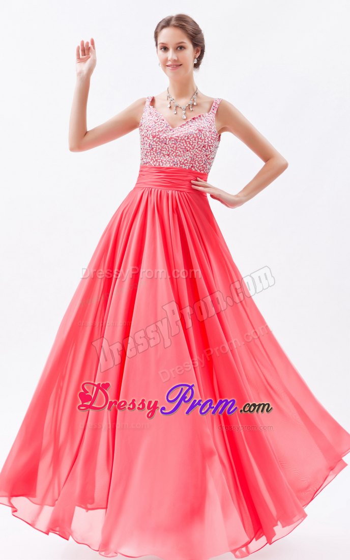 Straps Beading Coral Red Chiffon Floor-length Prom Celebrity Dresses