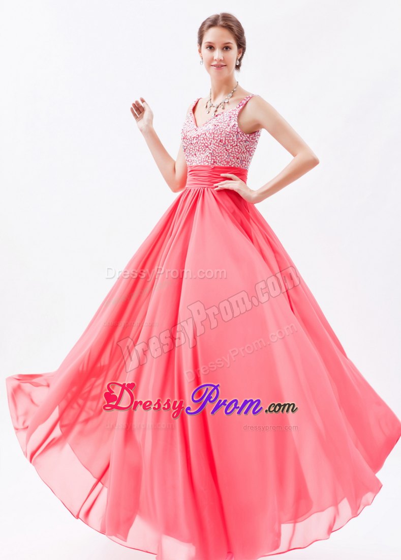 Straps Beading Coral Red Chiffon Floor-length Prom Celebrity Dresses
