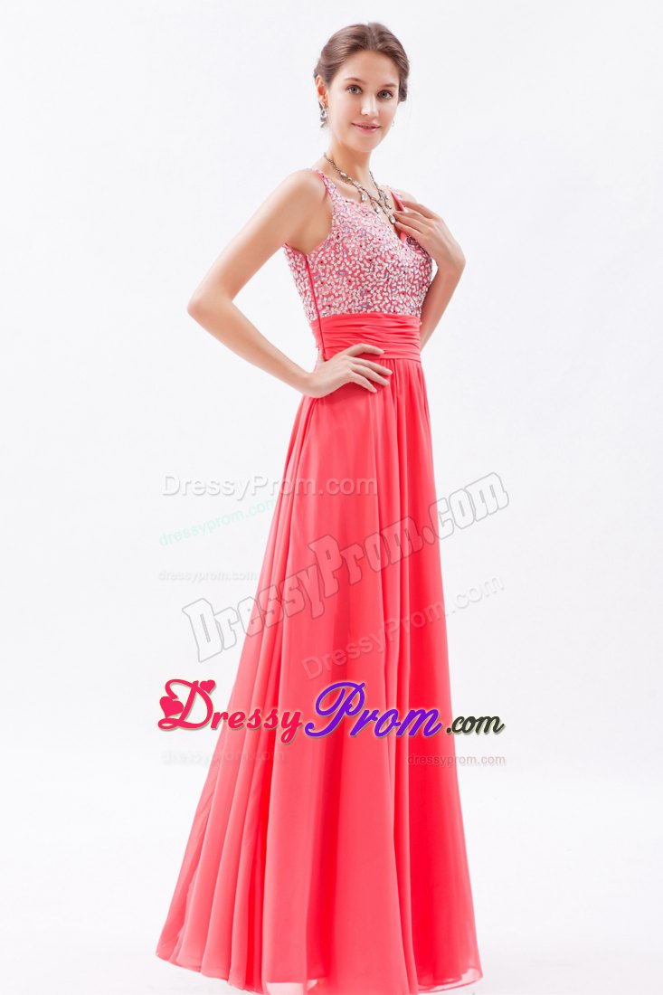 Straps Beading Coral Red Chiffon Floor-length Prom Celebrity Dresses
