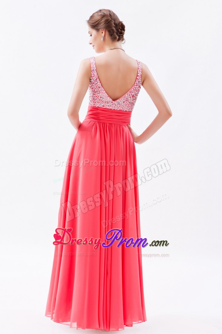 Straps Beading Coral Red Chiffon Floor-length Prom Celebrity Dresses