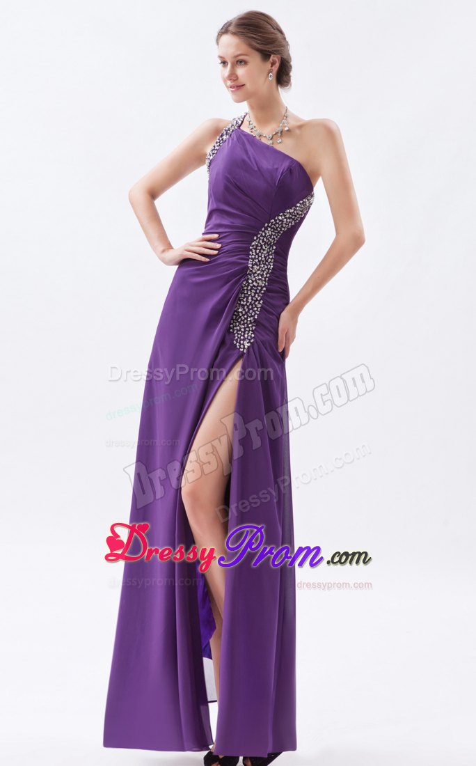 One Shoulder Purple Column High Slit Beaded Chiffon Prom Dress