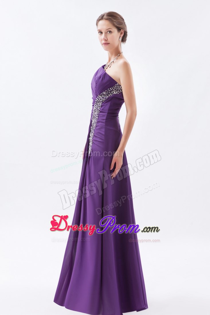 One Shoulder Purple Column High Slit Beaded Chiffon Prom Dress