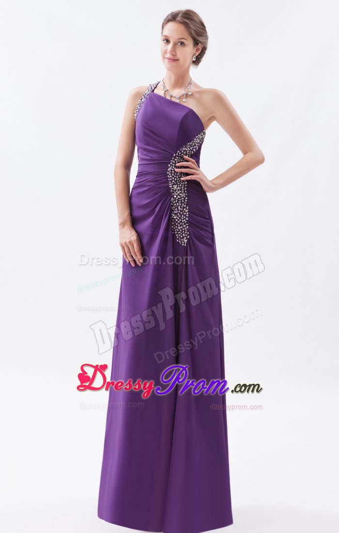 One Shoulder Purple Column High Slit Beaded Chiffon Prom Dress