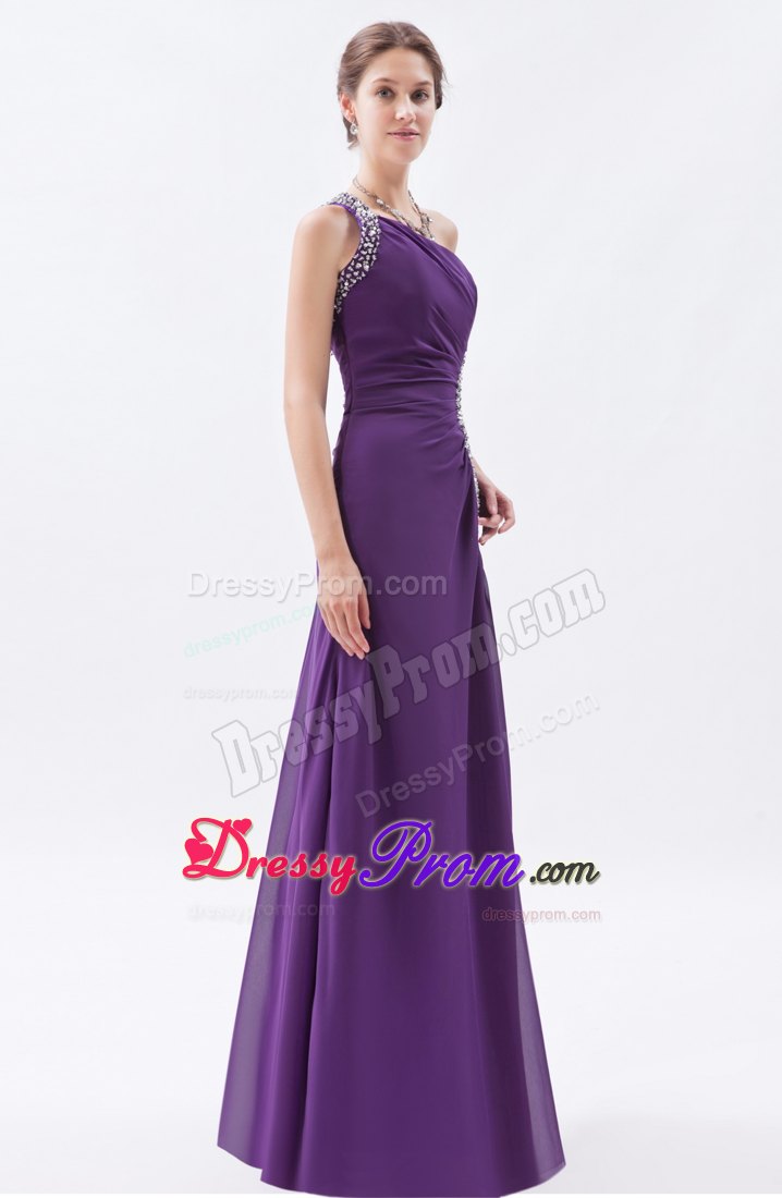 One Shoulder Purple Column High Slit Beaded Chiffon Prom Dress