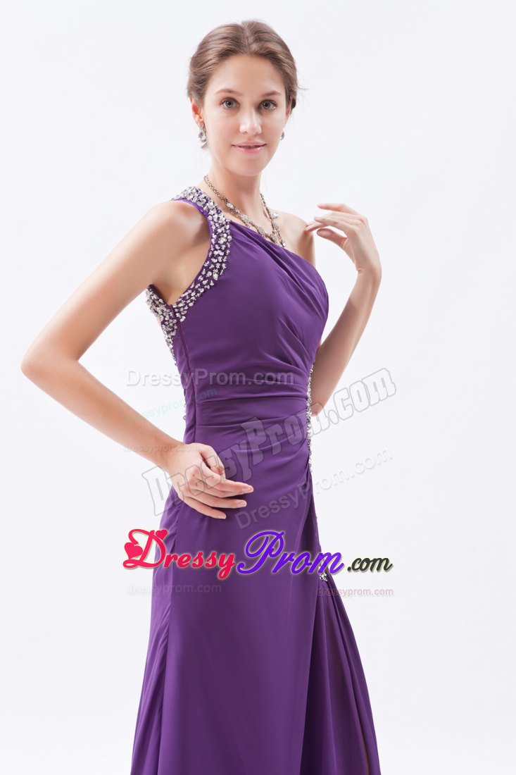 One Shoulder Purple Column High Slit Beaded Chiffon Prom Dress