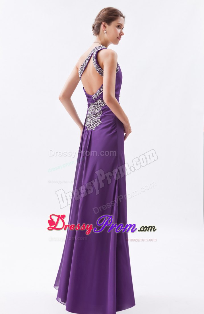 One Shoulder Purple Column High Slit Beaded Chiffon Prom Dress