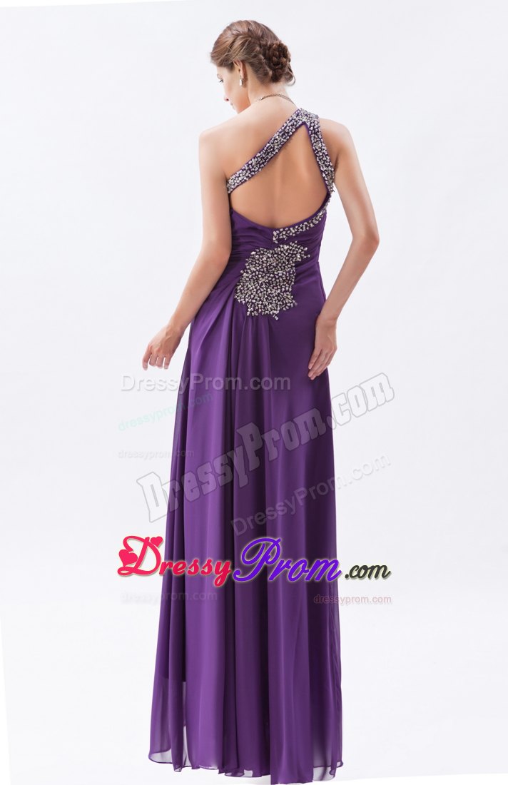 One Shoulder Purple Column High Slit Beaded Chiffon Prom Dress