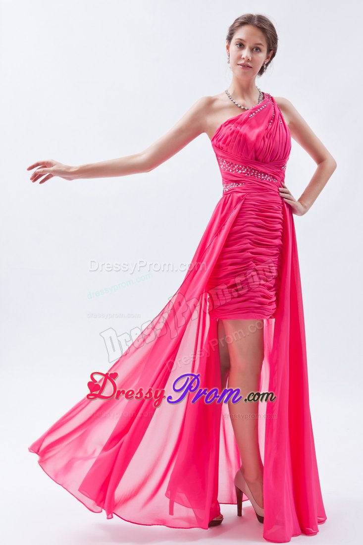 Low Ruched Hot Pink Prom Party Dress With Sequins And One Shoulder Triumph