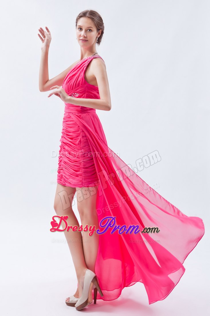 High-low Ruched Hot Pink Prom Party Dress with Sequins and One Shoulder