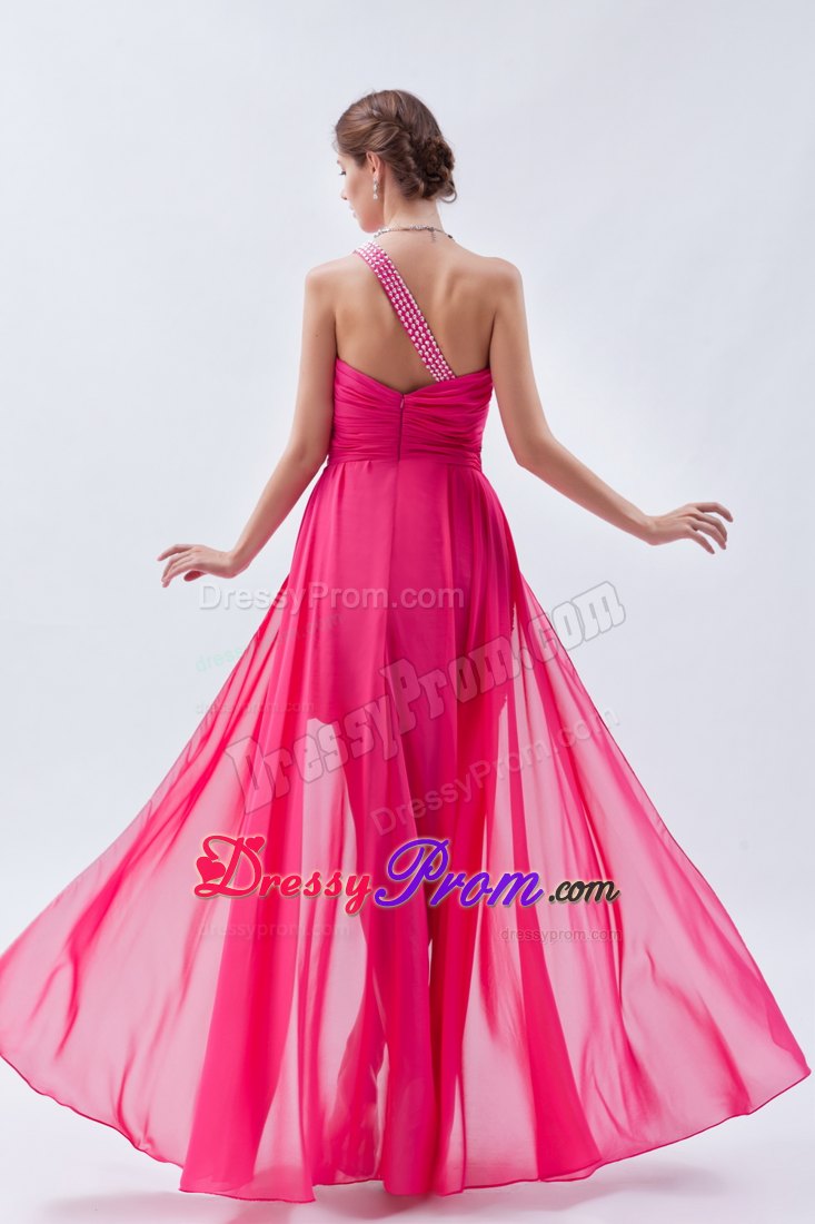 High-low Ruched Hot Pink Prom Party Dress with Sequins and One Shoulder