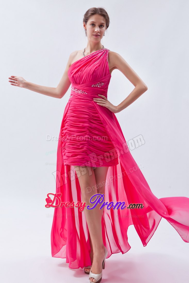 High-low Ruched Hot Pink Prom Party Dress with Sequins and One Shoulder