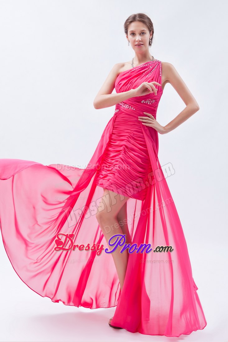 High-low Ruched Hot Pink Prom Party Dress with Sequins and One Shoulder
