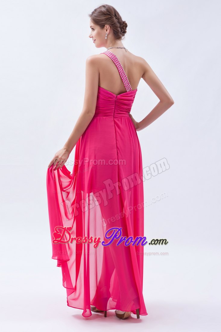 High-low Ruched Hot Pink Prom Party Dress with Sequins and One Shoulder
