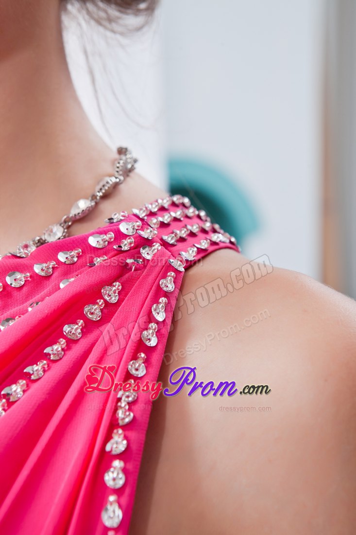 High-low Ruched Hot Pink Prom Party Dress with Sequins and One Shoulder