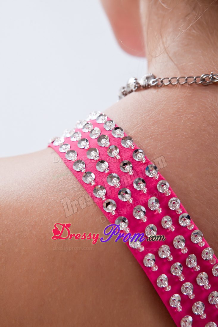 High-low Ruched Hot Pink Prom Party Dress with Sequins and One Shoulder