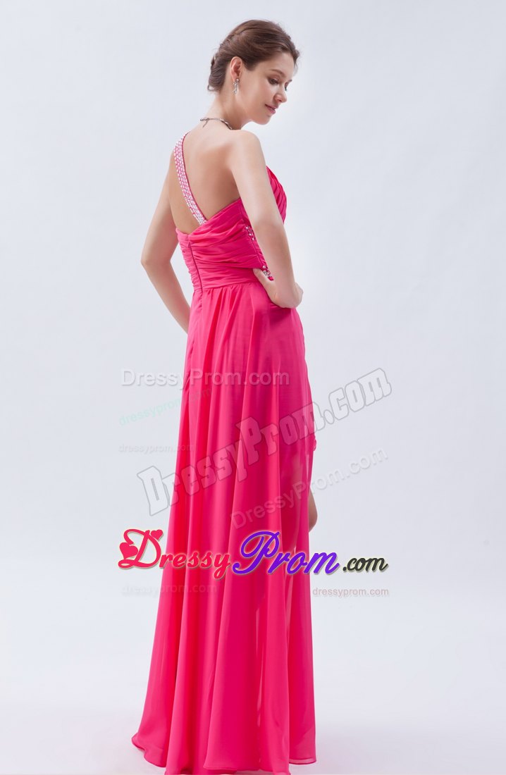 High-low Ruched Hot Pink Prom Party Dress with Sequins and One Shoulder