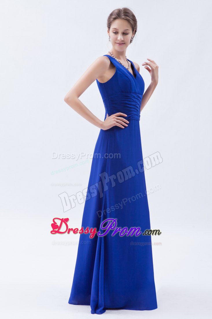 Royal Blue Column V-neck Chiffon Ruched Prom Dress with Pleats