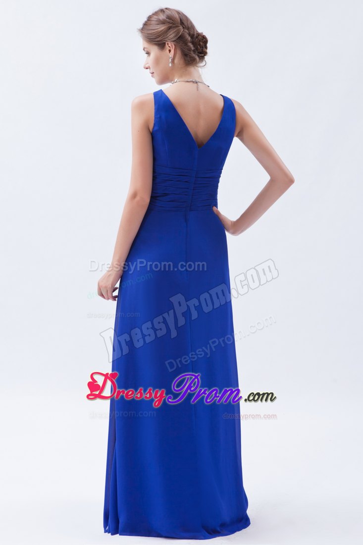 Royal Blue Column V-neck Chiffon Ruched Prom Dress with Pleats