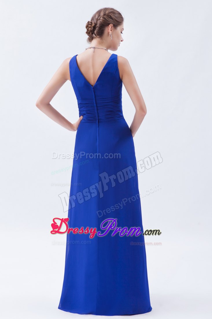 Royal Blue Column V-neck Chiffon Ruched Prom Dress with Pleats