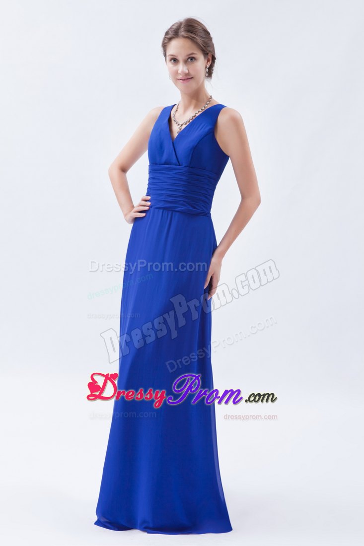 Royal Blue Column V-neck Chiffon Ruched Prom Dress with Pleats