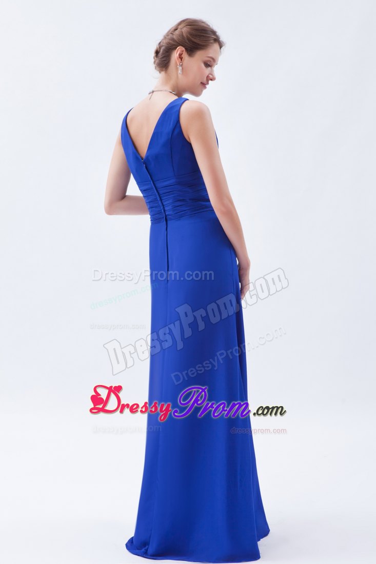Royal Blue Column V-neck Chiffon Ruched Prom Dress with Pleats