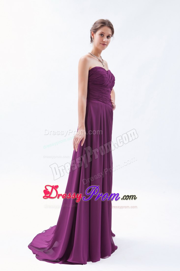 Sweetheart Dark Purple Empire Brush Train Ruched Prom Dress