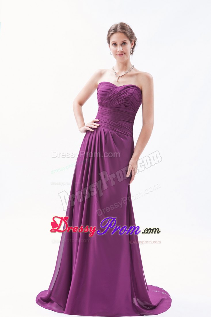Sweetheart Dark Purple Empire Brush Train Ruched Prom Dress