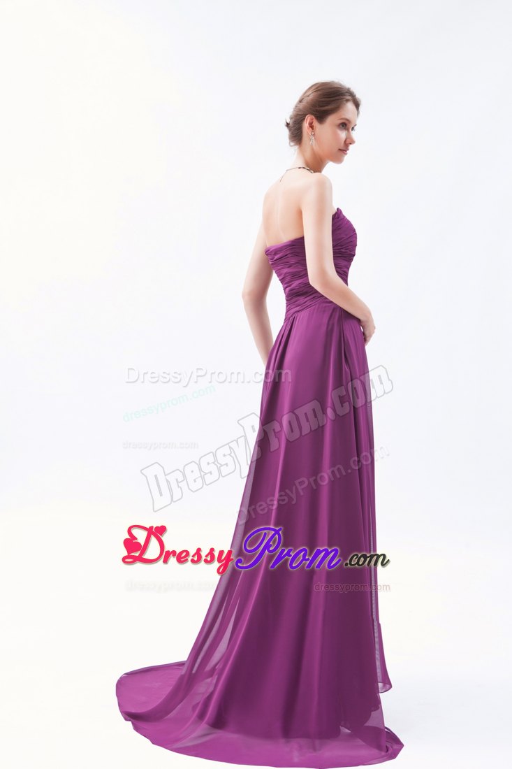 Sweetheart Dark Purple Empire Brush Train Ruched Prom Dress