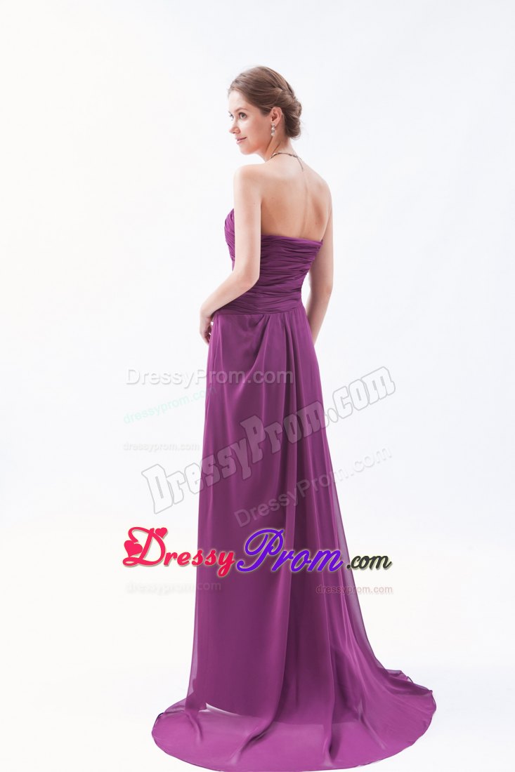 Sweetheart Dark Purple Empire Brush Train Ruched Prom Dress