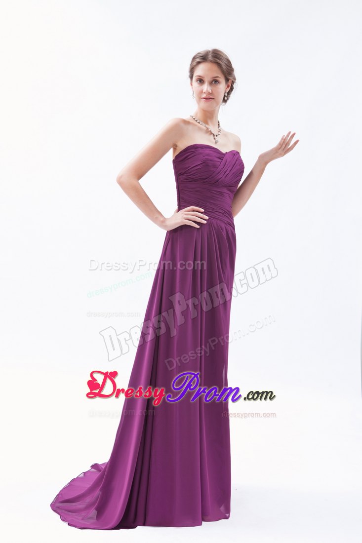 Sweetheart Dark Purple Empire Brush Train Ruched Prom Dress