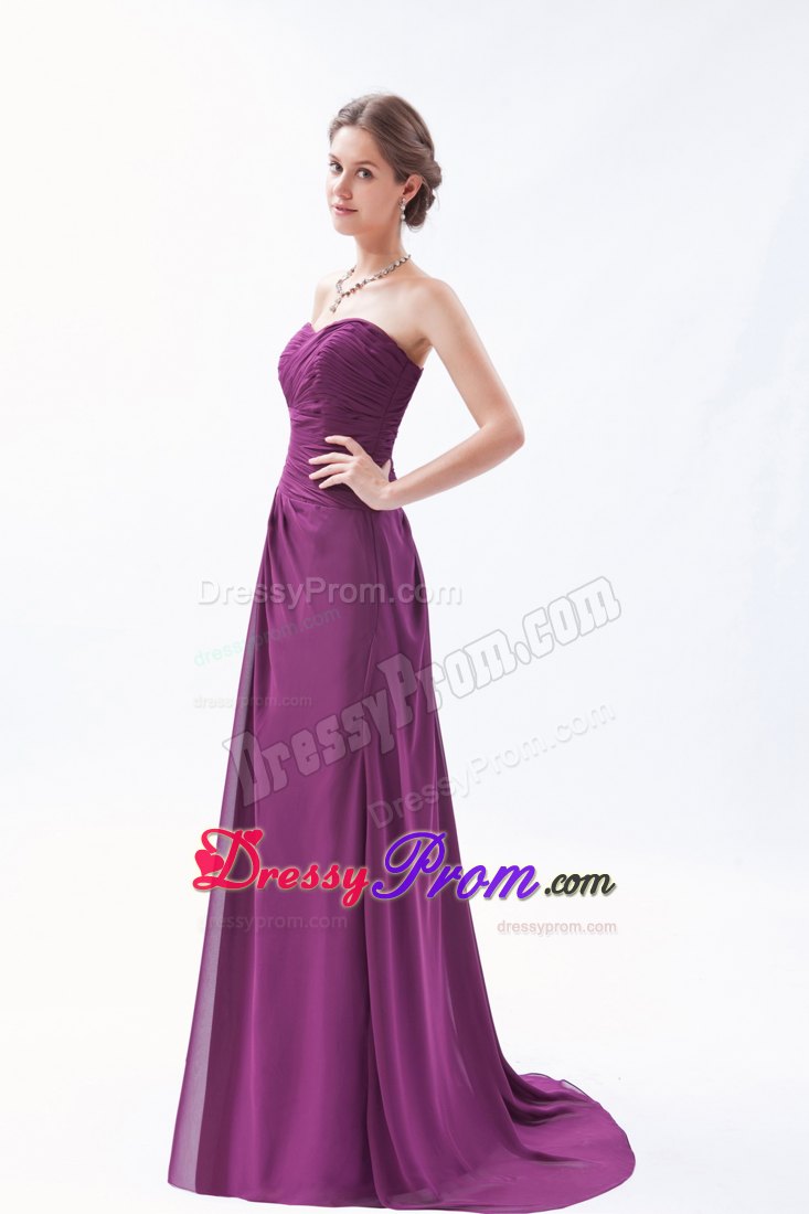 Sweetheart Dark Purple Empire Brush Train Ruched Prom Dress