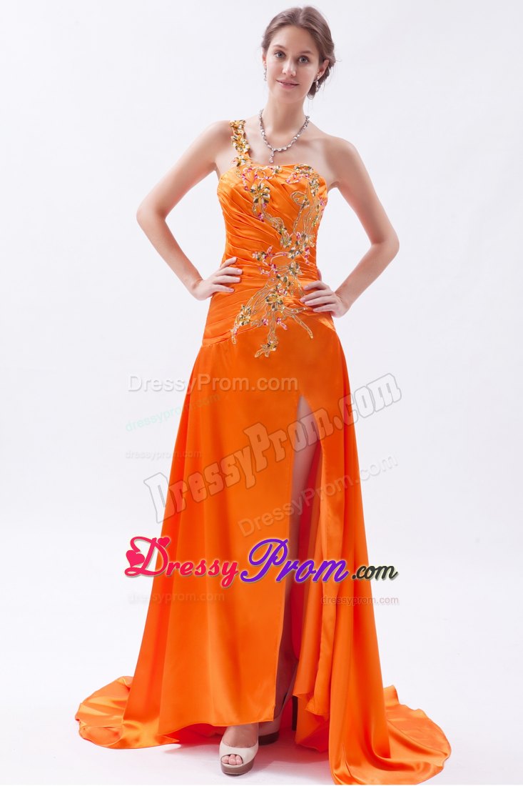 Orange One Shoulder Brush Train Embroidery and Beading Prom Dress