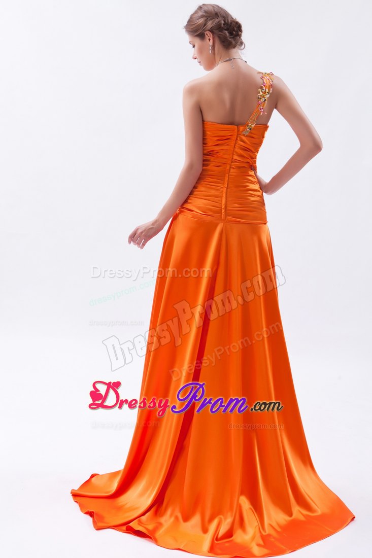Orange One Shoulder Brush Train Embroidery and Beading Prom Dress