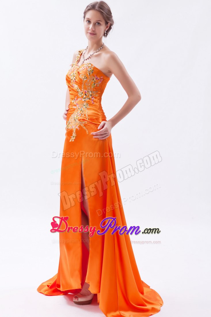 Orange One Shoulder Brush Train Embroidery and Beading Prom Dress