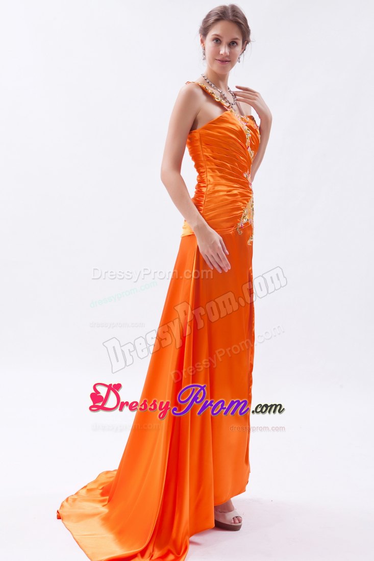 Orange One Shoulder Brush Train Embroidery and Beading Prom Dress
