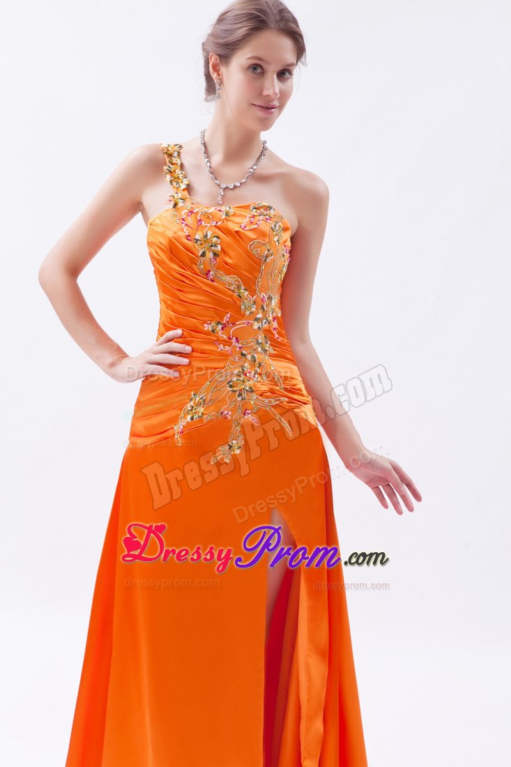 Orange One Shoulder Brush Train Embroidery and Beading Prom Dress