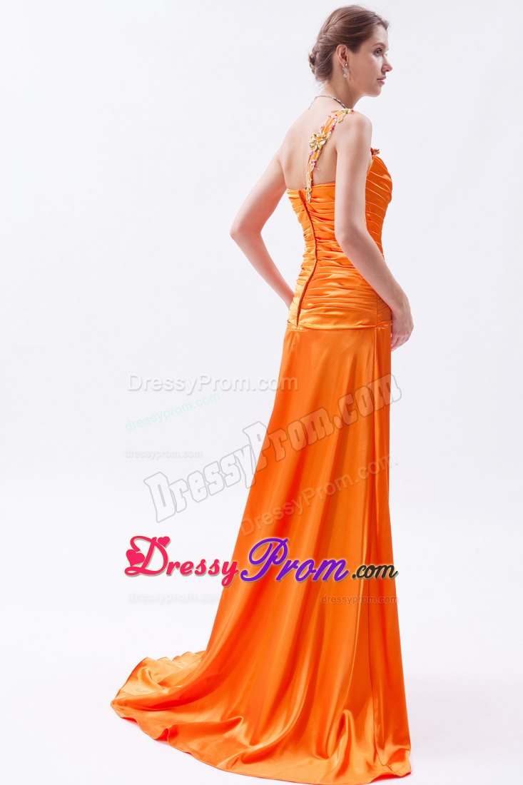 Orange One Shoulder Brush Train Embroidery and Beading Prom Dress