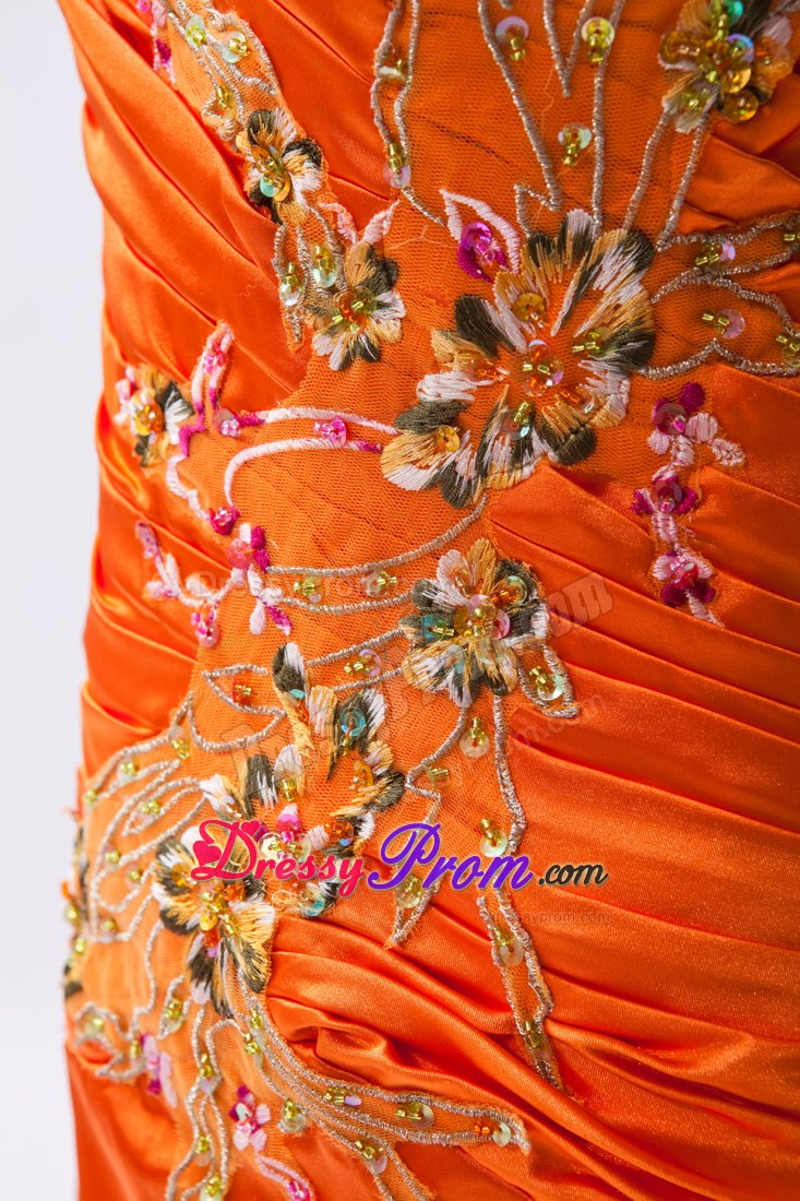 Orange One Shoulder Brush Train Embroidery and Beading Prom Dress