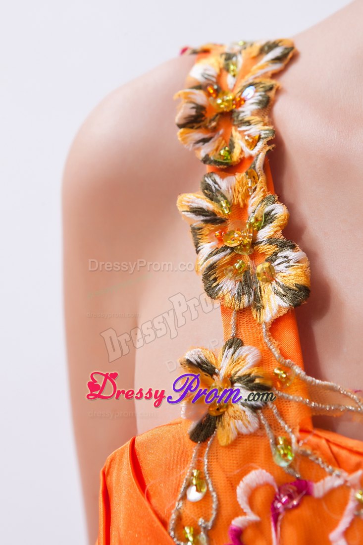 Orange One Shoulder Brush Train Embroidery and Beading Prom Dress