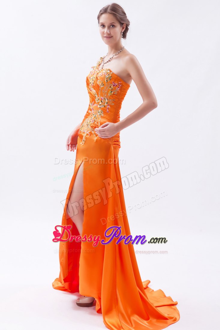 Orange One Shoulder Brush Train Embroidery and Beading Prom Dress
