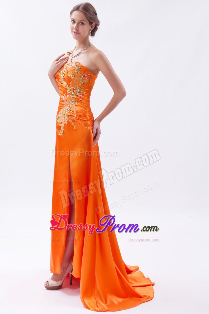 Orange One Shoulder Brush Train Embroidery and Beading Prom Dress
