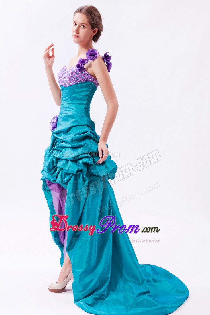 Teal and Lavender A-line One Shoulder Beaded Prom Dress High-low