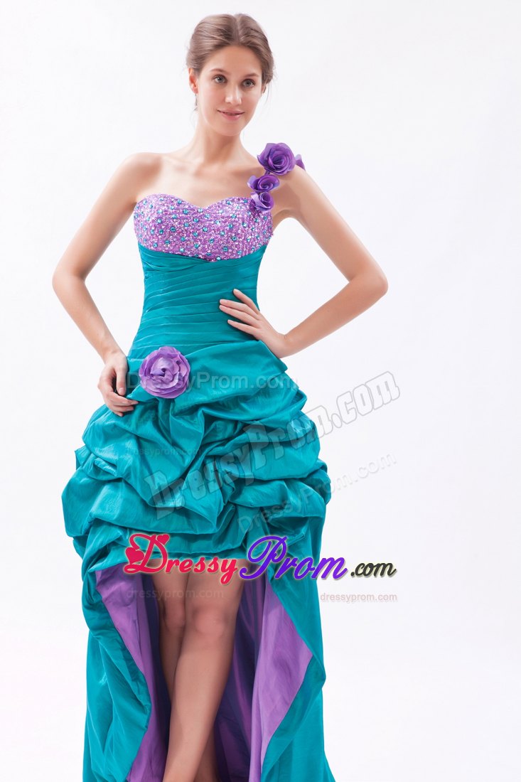 Teal and Lavender A-line One Shoulder Beaded Prom Dress High-low