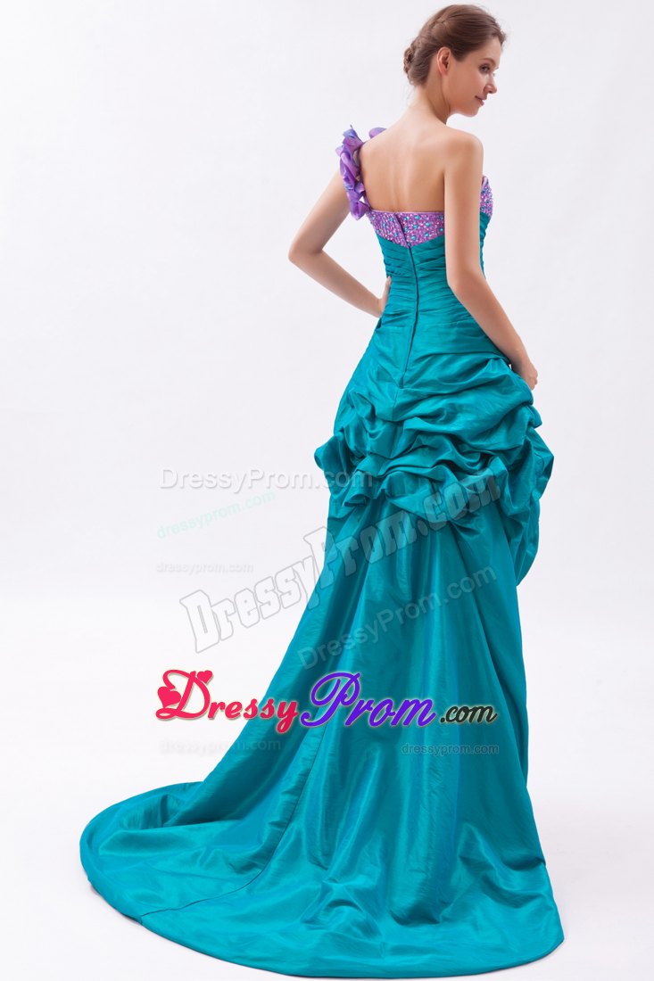 Teal and Lavender A-line One Shoulder Beaded Prom Dress High-low