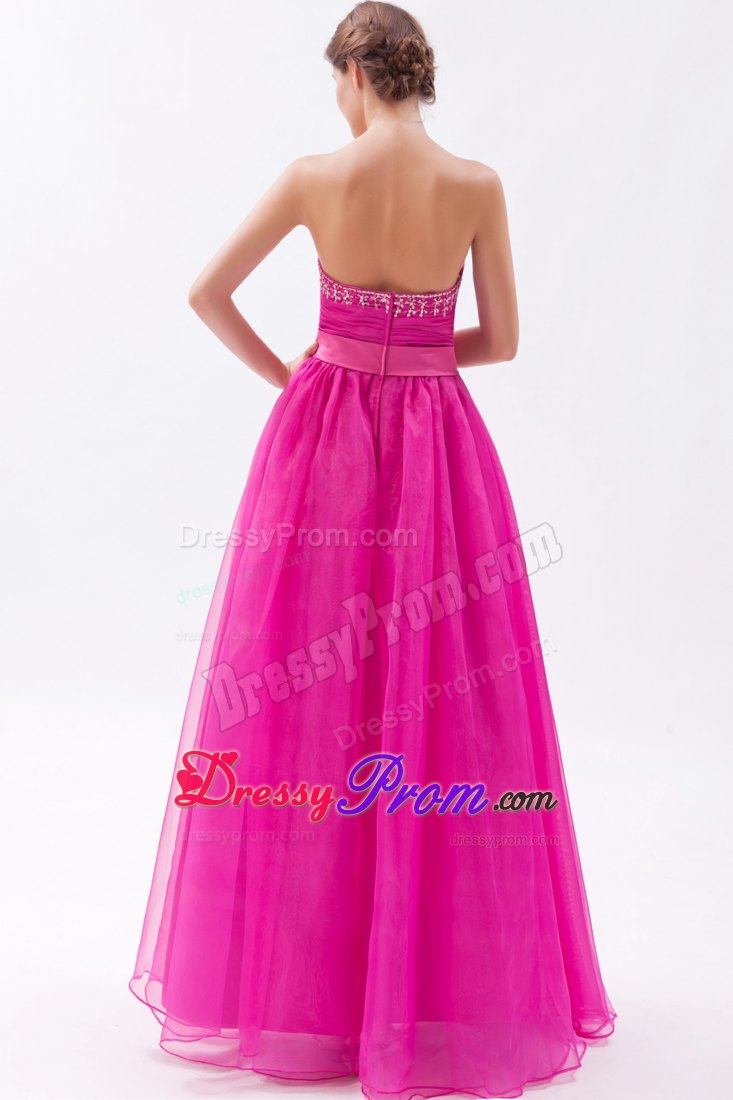 Hot Pink A-line Sweetheart Beading Ruching Waist Band Prom Dress