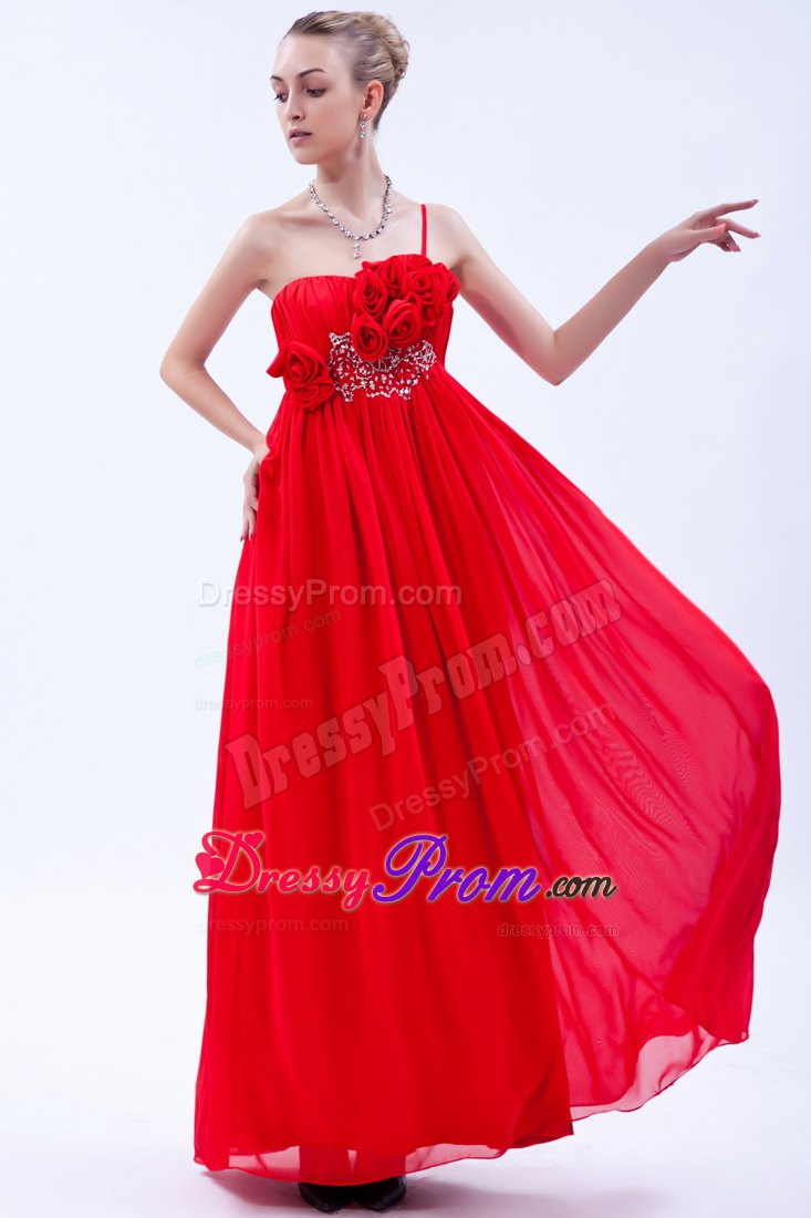Red One Shoulder Empire Prom Dress with Beading and Hand Flowers
